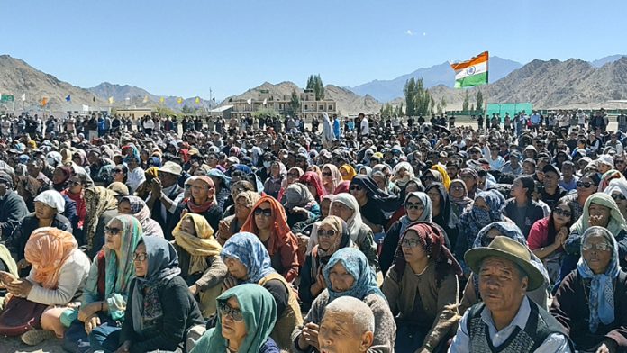 People protesting against detention of Sonam Wangchuk in Leh on Tuesday. People protesting against detention of Sonam Wangchuk in Leh on Tuesday.