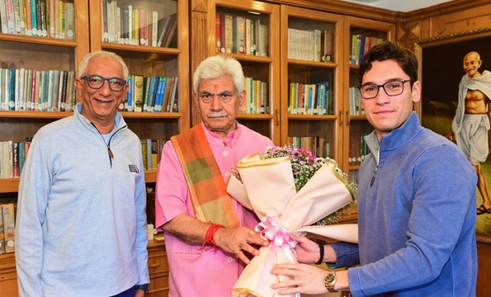 LG Manoj Sinha receiving a bouquet from Founder & Chairman, LLC, Vivek Khushalani and Co-Owner, Yuvraj Kilachand at Raj Bhawan, Srinagar. LG Manoj Sinha receiving a bouquet from Founder & Chairman, LLC, Vivek Khushalani and Co-Owner, Yuvraj Kilachand at Raj Bhawan, Srinagar.