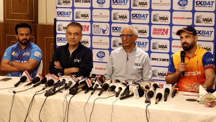 Chairman, LLC, Vivek Khushalani, Co-founder Raman Raheja, Irfan Pathan and Southern Superstars’ Kedar Jadhav during a press conference in Srinagar on Tuesday. -Excelsior/Shakeel