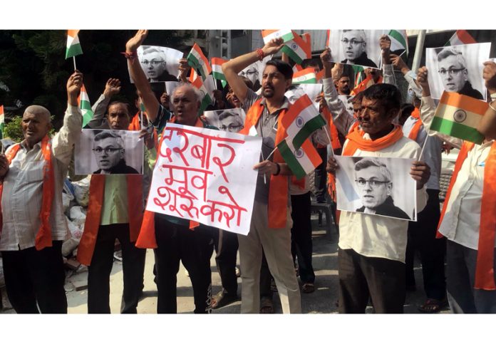 Dogra Front and Shiv Sena activists taking out protest in Jammu.