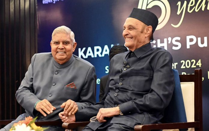 dr karan Vice President Jagdeep Dhankhar and Dr Karan Singh during felicitation ceremony of the latter on completion of his 75 years in public life, in New Delhi on Sunday.