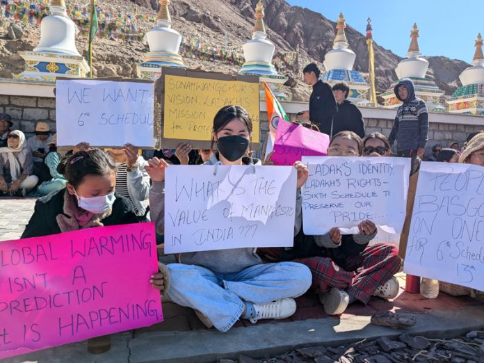 Protesters in Leh on Sunday. Protesters in Leh on Sunday.