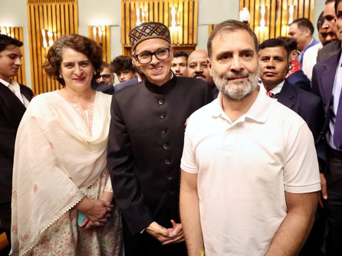 Congress leaders Rahul Gandhi and Priyanka Gandhi with CM Omar Abdullah during swearing-in ceremony at Srinagar on Wednesday.
