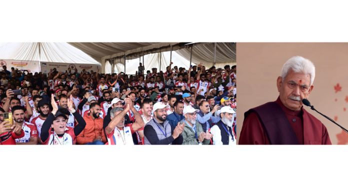 LG Manoj Sinha addressing participants of the International Kashmir Marathon in Srinagar on Sunday. - Excelsior/Shakeel