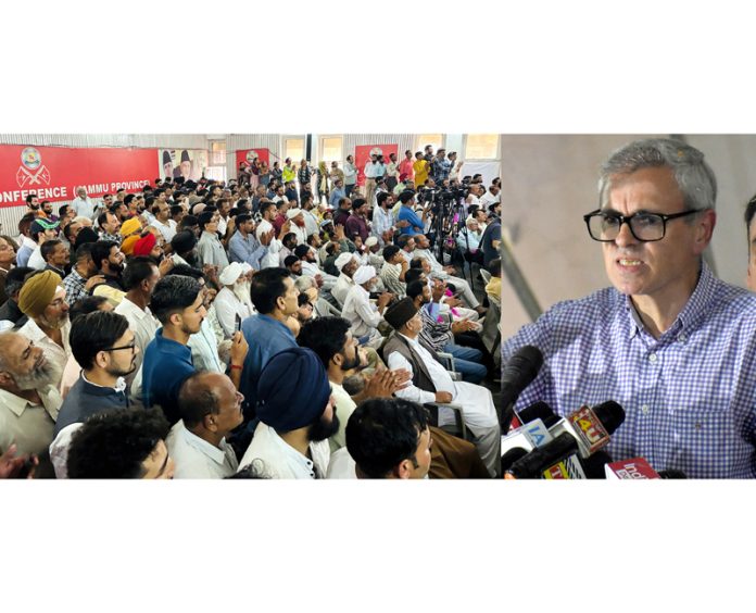 CM Omar Abdullah addressing the party workers at Sher-i-Kashmir Bhawan in Jammu on Saturday. —Excelsior/Rakesh