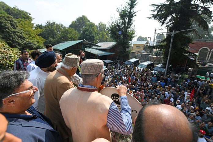 NC leader Omar Abdullah addresses the gathering in Srinagar on Wednesday. -Excelsior/Shakeel