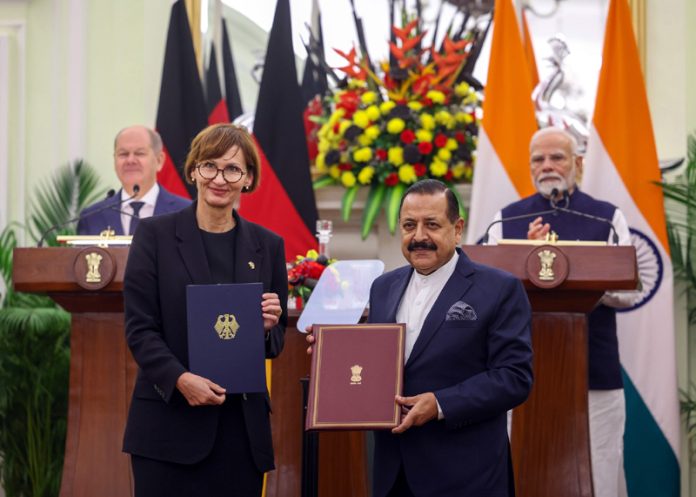 PM and Chancellor of German, Olaf Scholz witnessingthe exchange of agreements between India and Germany at Hyderabad House, in New Delhi on Friday. PM and Chancellor of German, Olaf Scholz witnessingthe exchange of agreements between India and Germany at Hyderabad House, in New Delhi on Friday.