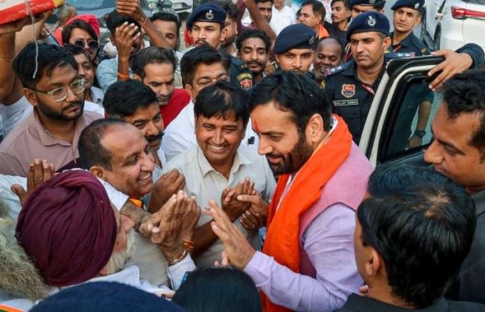 Haryana Chief Minister Nayab Saini being greeted by supporters after winning the Assembly election from Ladwa constituency in Kurukshetra district on Tuesday. Haryana Chief Minister Nayab Saini being greeted by supporters after winning the Assembly election from Ladwa constituency in Kurukshetra district on Tuesday.
