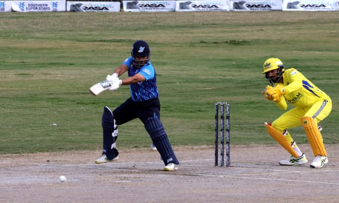 A batsman hitting a shot during Legends League Cricket match at Baskhi Stadium, Srinagar on Wednesday. — Excelsior/Shakeel