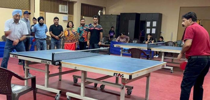 Dignitaries displaying their skills during the inaugural event of TT Championship at Jammu. Dignitaries displaying their skills during the inaugural event of TT Championship at Jammu.