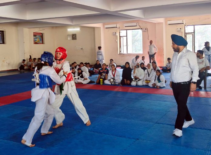 Taekwondo players in action during a match in Jammu on Monday. Taekwondo players in action during a match in Jammu on Monday.