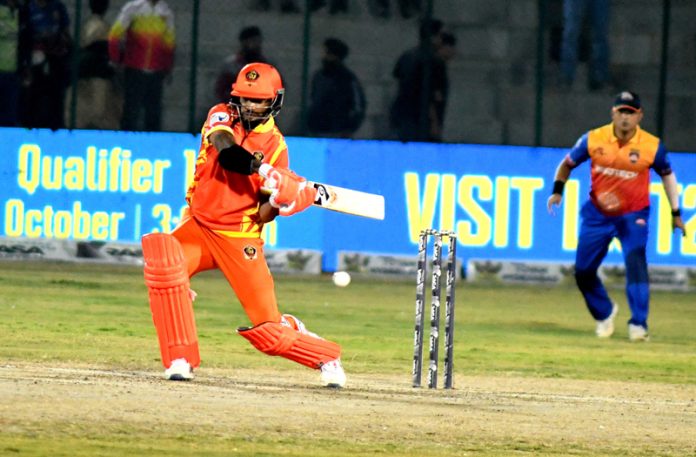 Shikhar Dhawan in action during a match against Konark Suryas Odisha at Bakshi Stadium in Srinagar on Friday. - Excelsior/Shakeel Shikhar Dhawan in action during a match against Konark Suryas Odisha at Bakshi Stadium in Srinagar on Friday. - Excelsior/Shakeel