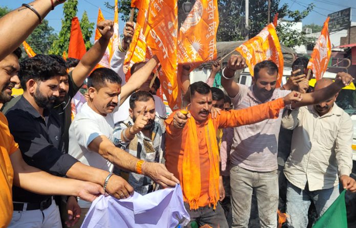 Bajrang Dal activists staging protest in Jammu against recent terror attacks in Kashmir province. -Excelsior/Rakesh Bajrang Dal activists staging protest in Jammu against recent terror attacks in Kashmir province. -Excelsior/Rakesh