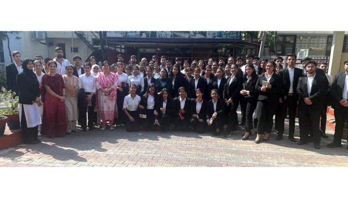 Students of the JU Law School posing during their trip to District Jail in Jammu on Friday.