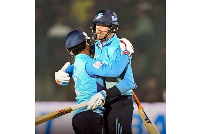 Martin Guptill celebrating victory over Konark Suryas Odisha in super over at Bakshi Stadium in Srinagar on Wednesday.