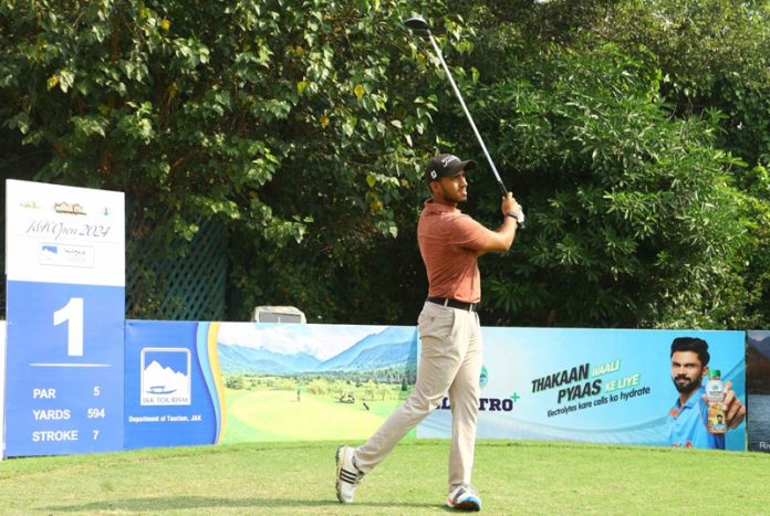 Golfer in action during opening day of J&K Open 2024 at Jammu Tawi Golf Course. Golfer in action during opening day of J&K Open 2024 at Jammu Tawi Golf Course.
