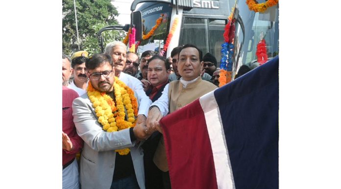 Transport Minister, Satish Sharma flagging off buses for different routes in Jammu on Thursday. Transport Minister, Satish Sharma flagging off buses for different routes in Jammu on Thursday.