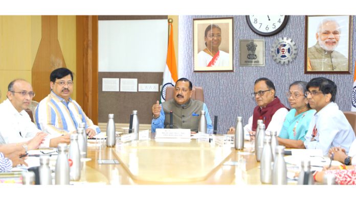 Union Minister Dr Jitendra Singh chairing a joint meeting of all Science Ministries and Departments at New Delhi on Thursday.
