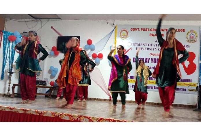 Participating students performing a group dance during Pir Panjal Zone Display Your Talent event at Rajouri College.
