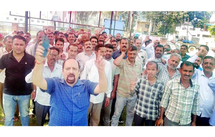 Senior Trade Union leader Som Nath during rally of PHE daily wagers in Ramnagar on Thursday.