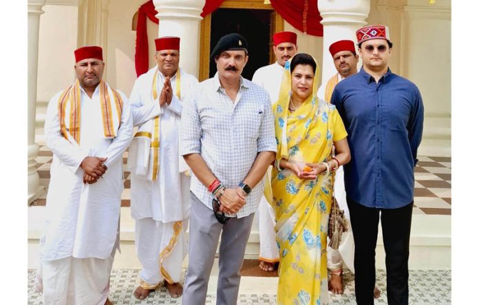 Vikramaditya Singh, Martand Singh and Chitrangada Singh during visit to Rani Samadhis Complex in Jammu on Tuesday.