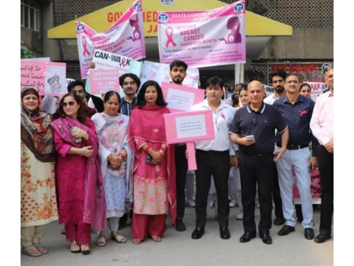 Principal, GMC Jammu, Dr Ashutosh Gupta and others during the launch of Breast Cancer Awareness Rally from the College campus. Principal, GMC Jammu, Dr Ashutosh Gupta and others during the launch of Breast Cancer Awareness Rally from the College campus.