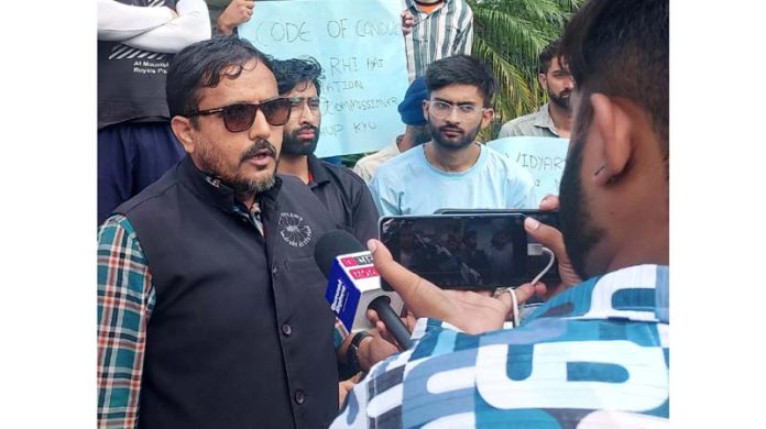 Dr Vikas Sharma talking to media persons on the issue of alleged violation of MCC by Jammu University. Dr Vikas Sharma talking to media persons on the issue of alleged violation of MCC by Jammu University.