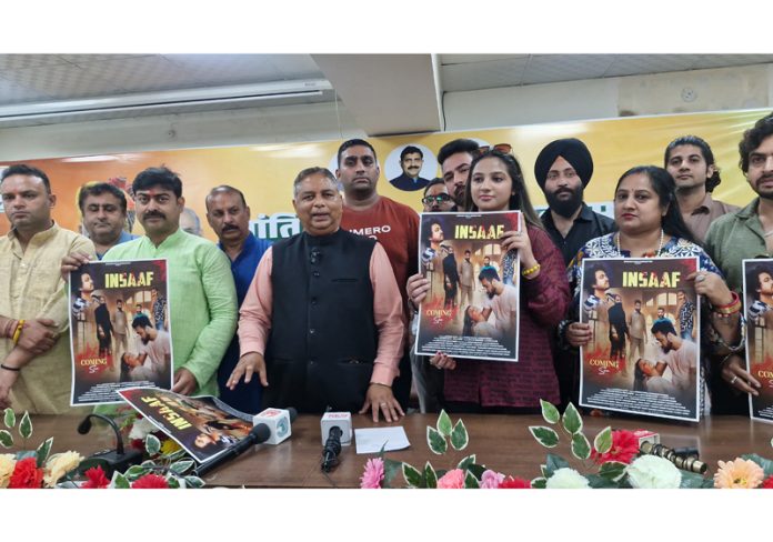 BJP working president J&K, Sat Sharma releasing poster of ‘Insaaf’ movie at Jammu on Monday. BJP working president J&K, Sat Sharma releasing poster of ‘Insaaf’ movie at Jammu on Monday.