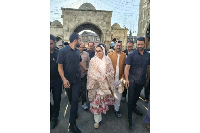 Dr Darakhshan Andrabi at Dastgeer Sahib Shrine in Srinagar on Monday.