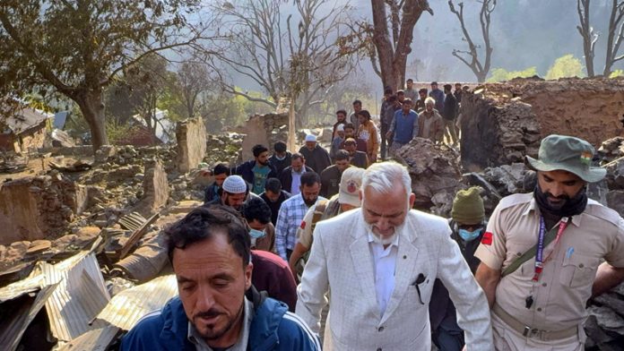 Former Minister Ghulam Mohammad Saroori during visit to fire-hit area of Mulwarwan in Kishtwar on Friday. Former Minister Ghulam Mohammad Saroori during visit to fire-hit area of Mulwarwan in Kishtwar on Friday.