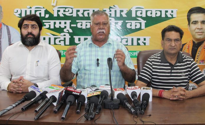 BJP leaders during a press conference at Jammu on Monday.