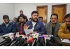 President J&K Casual Daily Wagers Forum, Sajad Parray alongwith others addressing a press conference in Srinagar on Monday. -Excelsior/Shakeel