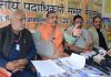 BMS National office bearers addressing media persons in Jammu. -Excelsior/Rakesh