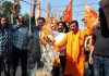 Members of Rashtriya Bajrang Dal protesting against National Conference president Dr Farooq Abdullah in Jammu on Monday. (UNI)