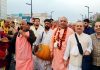 Devotees taking out Nagar Sankirtan Shobha Yatra at Gandhi Nagar Jammu on Saturday.