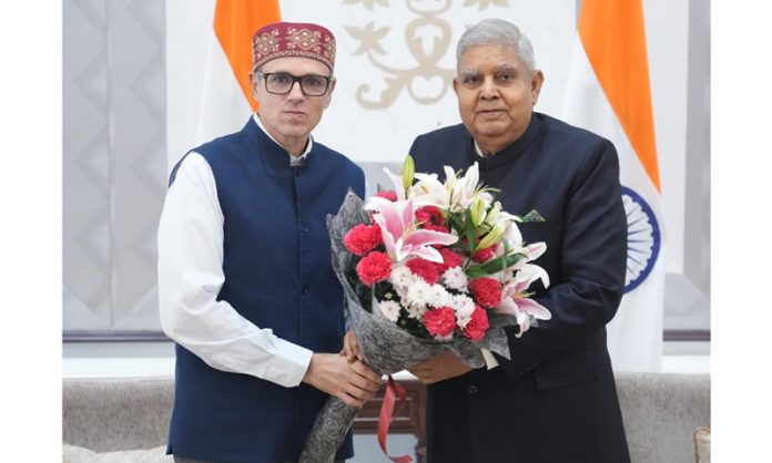 Chief Minister Omar Abdullah and Vice President Jagdeep Dhankhar exchanging greetings in New Delhi on Wednesday. Chief Minister Omar Abdullah and Vice President Jagdeep Dhankhar exchanging greetings in New Delhi on Wednesday.