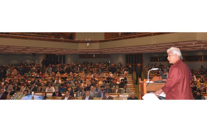 LG Manoj Sinha addressing a function of World Crafts Council in Srinagar on Tuesday.