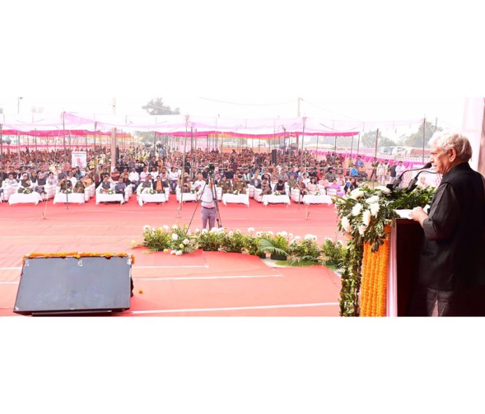LG Manoj Sinha addressing the gathering at Jhiri Mela on Saturday. LG Manoj Sinha addressing the gathering at Jhiri Mela on Saturday.