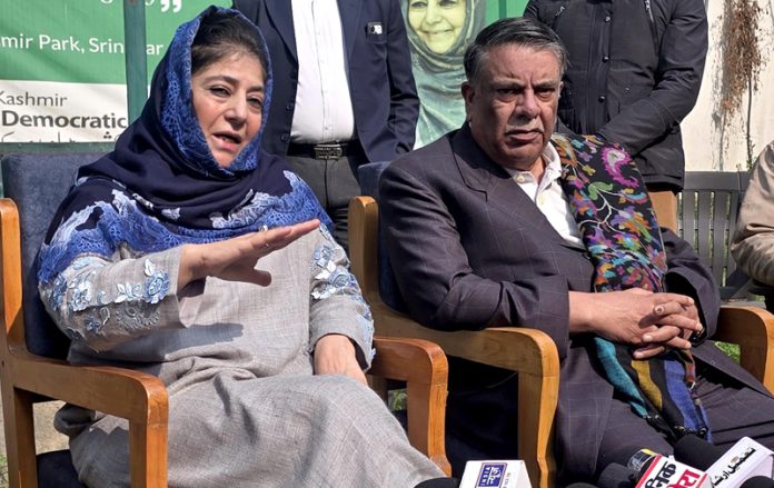 PDP president Mehbooba Mufti addressing a press conference in Srinagar on Wednesday. -Excelsior/Shakeel PDP president Mehbooba Mufti addressing a press conference in Srinagar on Wednesday. -Excelsior/Shakeel
