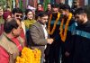 Minister of YS & S, Satish Sharma interacting with football players at Jammu. -Excelsior/Rakesh