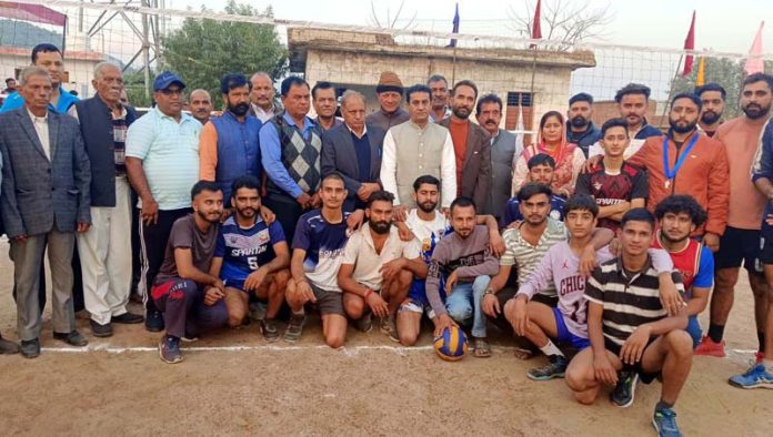 MLA Jasrota, Rajiv Jasrotia along with players who participated in a Volleyball Tournament at village Bakhta in Kathua. MLA Jasrota, Rajiv Jasrotia along with players who participated in a Volleyball Tournament at village Bakhta in Kathua.