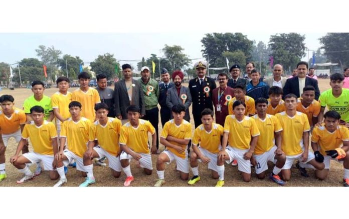 DG, YS&S, Rajinder Singh Tara posing along with football players and others.