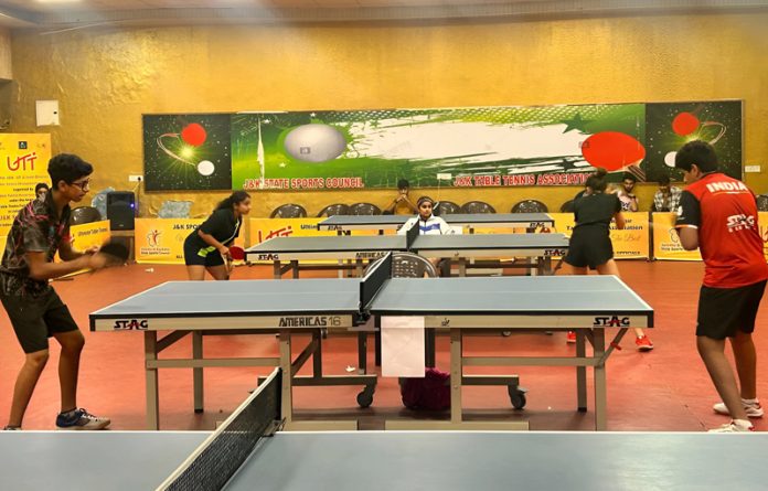 Table Tennis players displaying their skills during matches at Jammu on Sunday. -Excelsior/Rakesh Table Tennis players displaying their skills during matches at Jammu on Sunday. -Excelsior/Rakesh