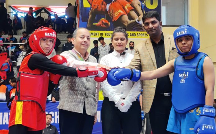 Wushu players posing before start of match at Jammu. -Excelsior/Rakesh