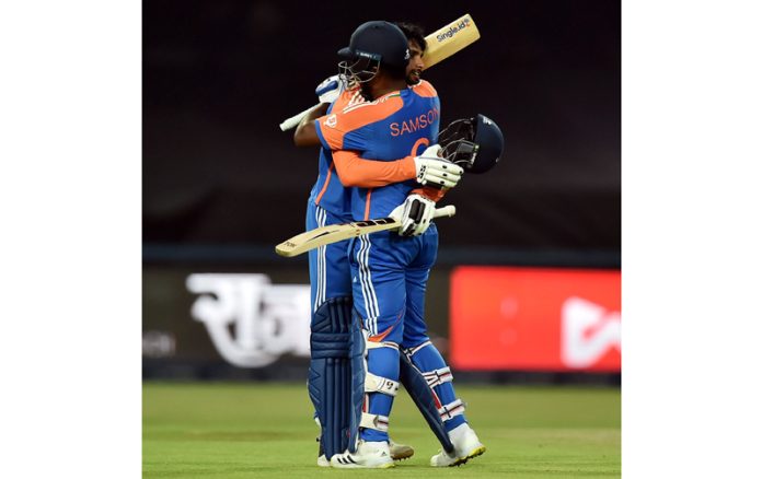 Sanju Samson and Tilak Varma celebrating after scoring centuries against South Africa at Johannesburg. Sanju Samson and Tilak Varma celebrating after scoring centuries against South Africa at Johannesburg.