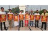 ABVP Jammu Kashmir leaders launching poster of Parishad's National Conference near Maharaja Hari Singh Statue in Jammu. -Excelsior/Rakesh
