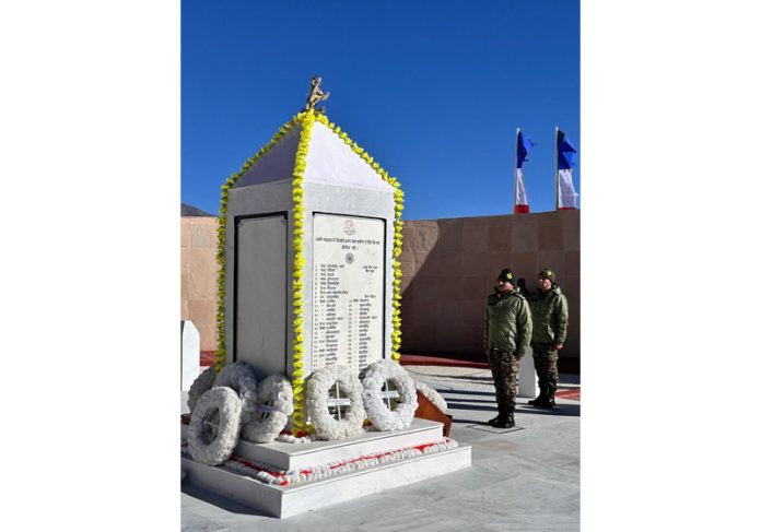 Army officers paying respect to the fallen heroes of 13 Kumaon at the Rezang La Memorial in Ladakh on Monday. Army officers paying respect to the fallen heroes of 13 Kumaon at the Rezang La Memorial in Ladakh on Monday.