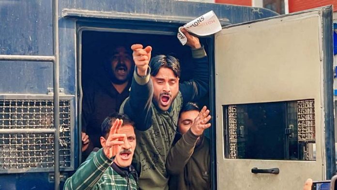 Members of All Jammu and Kashmir Transporters Welfare Association during a protest in Srinagar on Thursday. -Excelsior/Shakeel