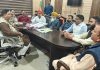 BJP JK UT president, Sat Sharma addressing a meeting of party activists from Rajouri and Poonch at Jammu on Monday.