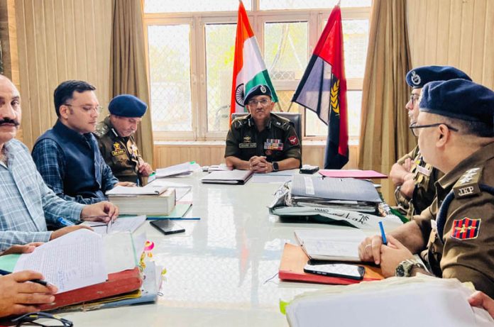 ADGP Anand Jain chairing a meeting of police officers in Jammu district on Tuesday. ADGP Anand Jain chairing a meeting of police officers in Jammu district on Tuesday.